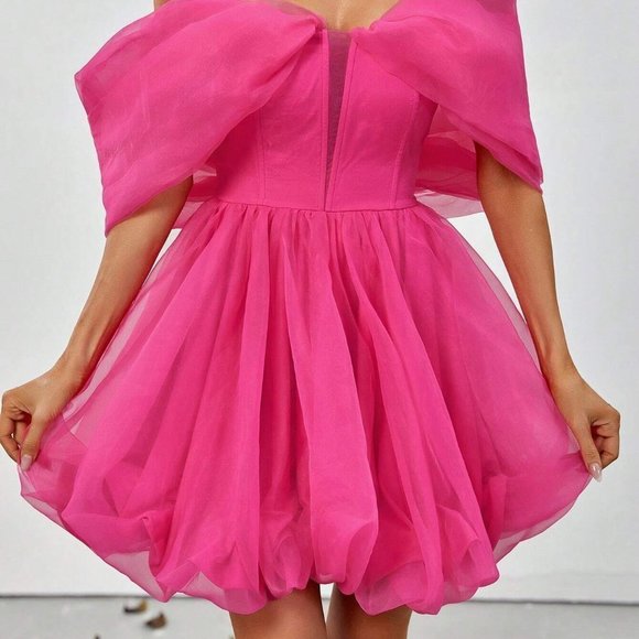 Pink Boho Womens Off Shoulder Mesh Overlay Party Dress - Picture 3 of 5